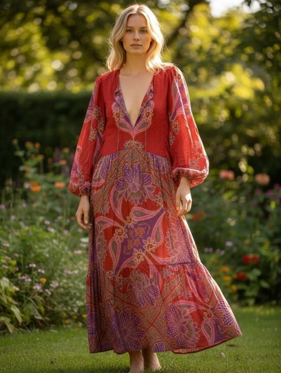 FARM Rio Dresses & Skirts - Farm Rio Women's Boho Red & Purple Paisley Maxi Dress Balloon Sleeves Sz L READ